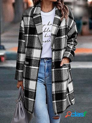 Casual Loose Check Lapel Long Sleeve Coat