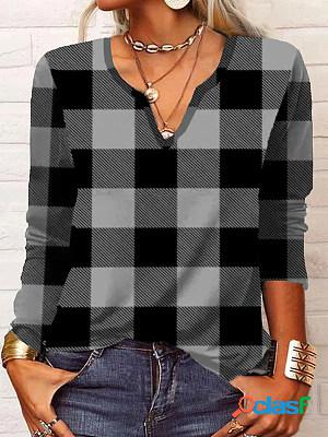Casual Loose Check Print V-Neck Long-Sleeved T-Shirt