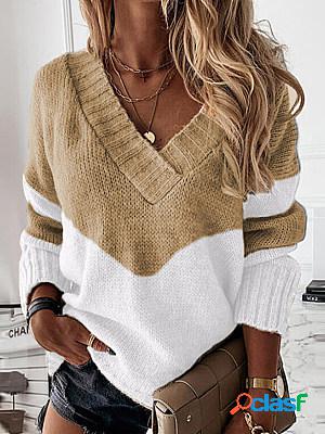 Casual Loose Colorblock V-Neck Long Sleeve Sweater