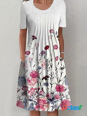 Casual Loose Crew Neck Floral Print Short Sleeve Midi Dress