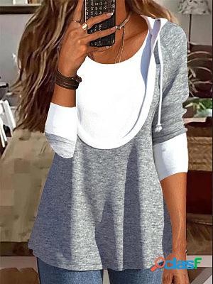 Casual Loose Panel Hooded Long Sleeve T-shirt