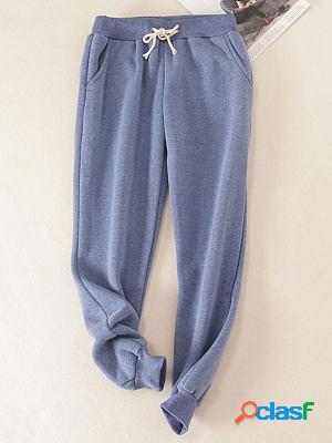 Casual Loose Solid Color Fleece Elastic Waist Sports Pants