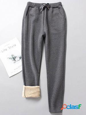 Casual Loose Solid Color Fleece Lace-Up Elastic Waist Pants