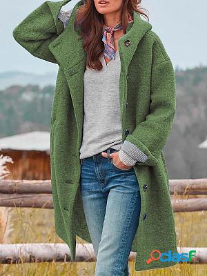 Casual Loose Solid Color Hooded Single-breasted Woolen Coat
