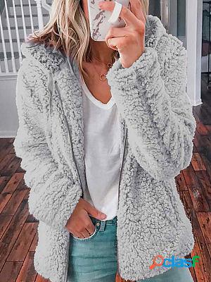 Casual Loose Solid Color Hooded Woolen Fleece Zip-Up Coat