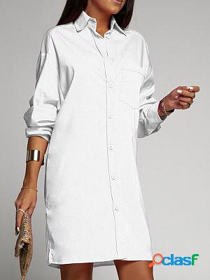 Casual Loose Solid Color Long-sleeved Shirt Short Dress