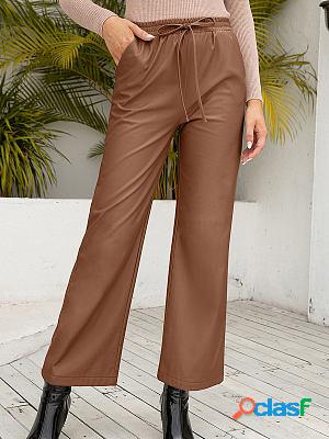 Casual Loose Solid Color Pocket Lace-Up Leather Pants