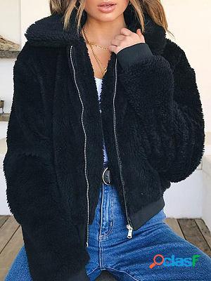 Casual Loose Solid Zip Lambsool Cardigan Coat