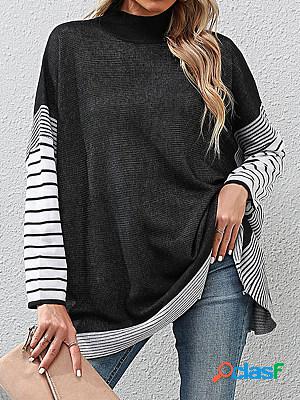 Casual Loose Striped Panel Turtleneck Long Sleeve T-shirt