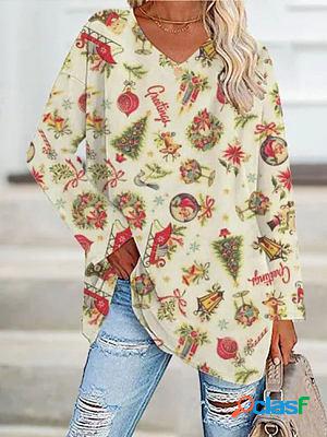 Casual Loose V Neck Irregular Hem Vintage Print Long sleeve