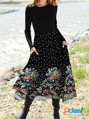 Casual Loose V-Neck Printed Long Sleeve Midi Dress