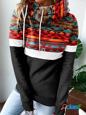 Casual Loose Vintage Ethnic Print Thermal Hoodie