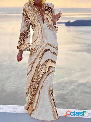 Casual Marble Print V Neck Long Sleeve Maxi Dress