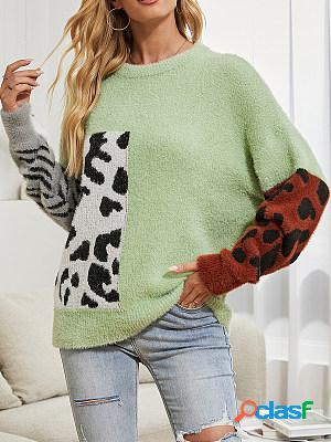 Casual Mink And Leopard Contrast Crew Neck Long Sleeve