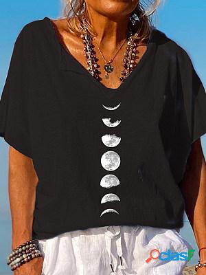 Casual Moon Print V-Neck Short Sleeve T-Shirt
