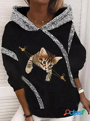 Casual Oversized Cat Foil Print Hoodie