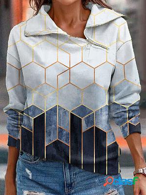 Casual Oversized Geometric Print Zip-Up Sweatshirt