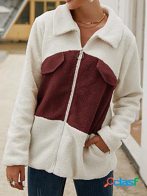 Casual Paneled Lapel Pocket Plush Thermal Coat