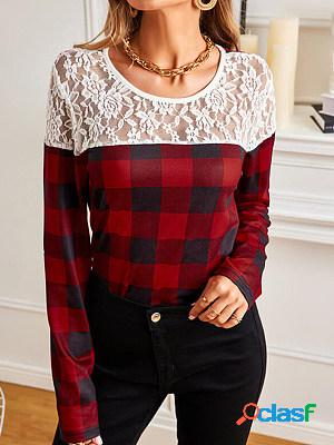 Casual Plaid Print Round Neck Lace Stitching Long-sleeved
