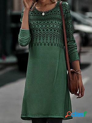 Casual Retro Printed Round Neck Long Sleeve Short Dress