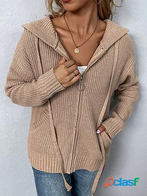 Casual Retro Solid Color Hooded Long-Sleeved Cardigan