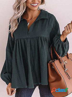 Casual Retro Solid Color Lapel V-Neck Long Sleeve Blouse