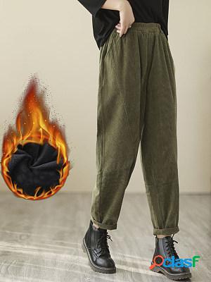 Casual Retro Solid Color Plush Corduroy Thermal Pants