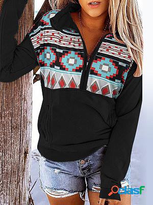 Casual Retro Western Ethnic Print Zipper Long Sleeve