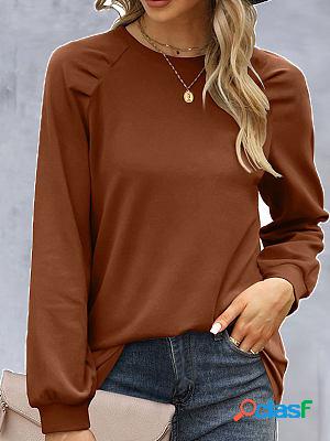 Casual Round Neck Puff Sleeve Pullover Solid Color Loose