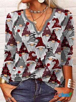Casual Santa Print V-Neck Long Sleeve T-Shirt