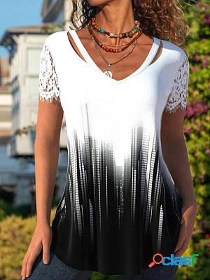 Casual Short Sleeves V Neck Lace Paneled Printed T-shirt
