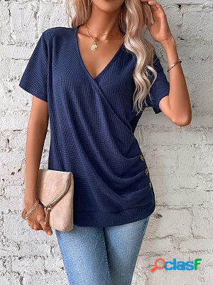 Casual Short Sleeves V Neck Solid T-shirt