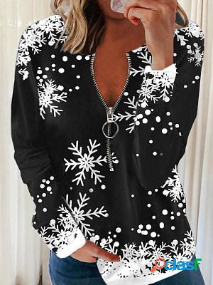 Casual Snowflake Print Zip V-Neck Long sleeve T-shirt