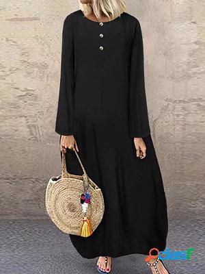 Casual Solid Color Button Long Sleeve Maxi Dress