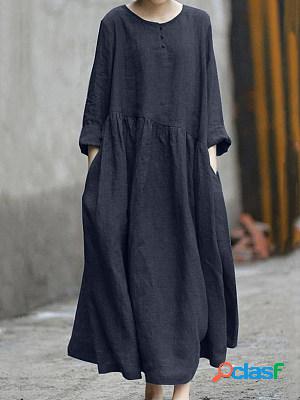 Casual Solid Color Crew Neck Pocket Long Sleeve Maxi Dress