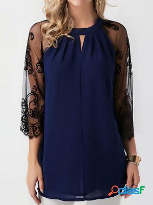 Casual Solid Color Lace Panel Three Quarter Sleeves Blouse