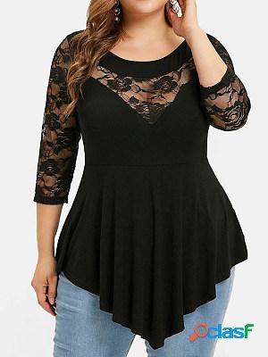 Casual Solid Color Lace Stitching Round Neck T-Shirt