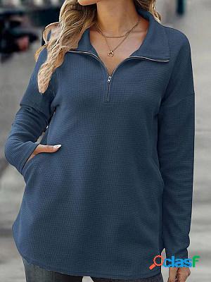 Casual Solid Color Loose Zip Lapel Long Sleeve T-Shirt