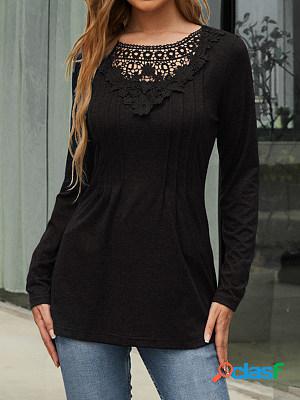 Casual Solid Color Patchwork Lace Long Sleeve T-Shirt