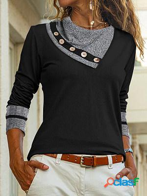 Casual Solid Color Patchwork Lapel Long Sleeve T-Shirt