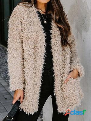 Casual Solid Color Plush Warm Long-Sleeved Coat