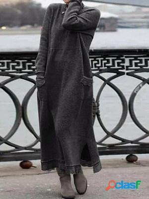 Casual Solid Color Pocket Long Sleeve Maxi Dress
