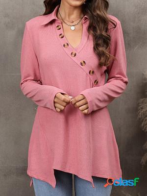 Casual Solid Color V-Neck Button Long Sleeve Irregular