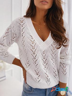 Casual Solid Color V-Neck Long-Sleeved Sweater