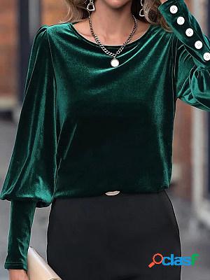 Casual Solid Color Velvet Round Neck Long Sleeve T-Shirt