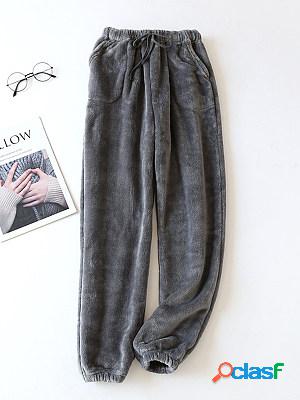 Casual Solid Flannel Loose Thermal Pants
