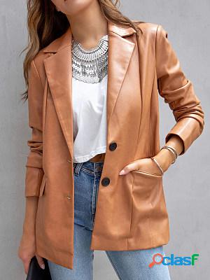 Casual Solid Lapel Pocket Long Sleeve Leather Blazer