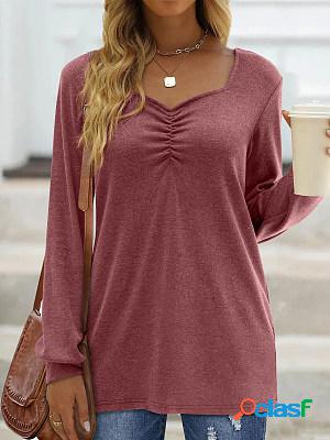 Casual Solid Smocked V-Neck Long Sleeve T-Shirt