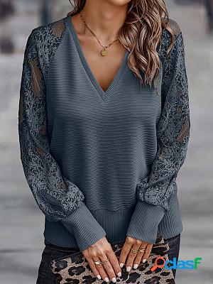 Casual Solid V-Neck Lace Panel Long Sleeve T-Shirt