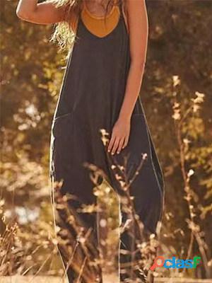 Casual Solid V Neck Pockets Jumpsuits